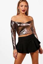 Boohoo Lottie Long Sleeve Off The Shoulder Metallic Crop