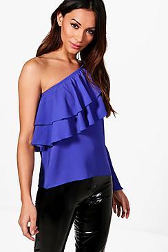 Boohoo Petite Chelsea Asymmetric Woven Ruffle Top
