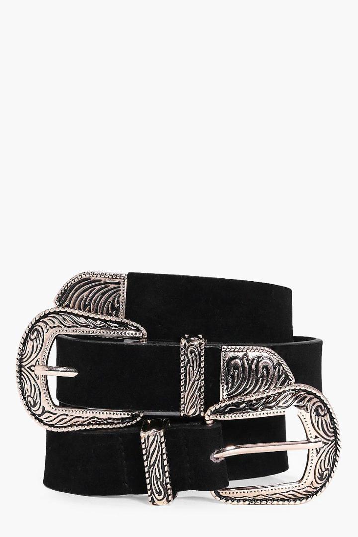 Boohoo Eve Suedette Double Buckle Western Belt Black