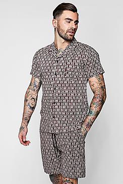 Boohoo Tribal Print Short Sleeve Revere Shirt Co-ord