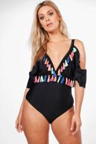 Boohoo Plus Darcy Tassle Trim Plunge Bathing Suit Black