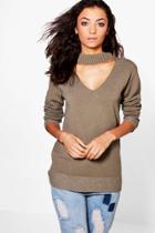 Boohoo Tall Saskia Choker Neck Knitted Jumper Khaki