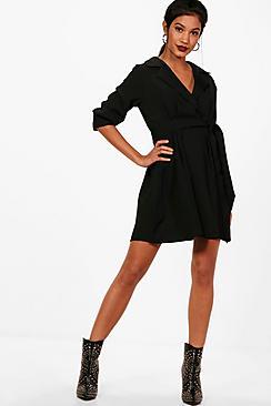 Boohoo Val Wrap Front Tie Waist Skater Shirt Dress