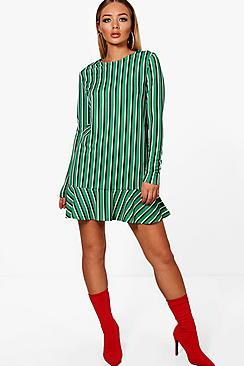 Boohoo Eville Bold Stripe Drop Hem Long Sleeve Shift Dress