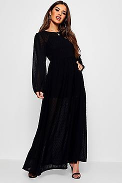 Boohoo Petite Beth Balloon Sleeve Dobby Spot Maxi Dress