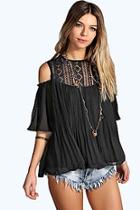 Boohoo Elsa Lace Insert Cold Shoulder Pleated Smock Top