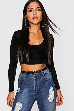 Boohoo Slinky Scoop Neck Long Sleeve Crop