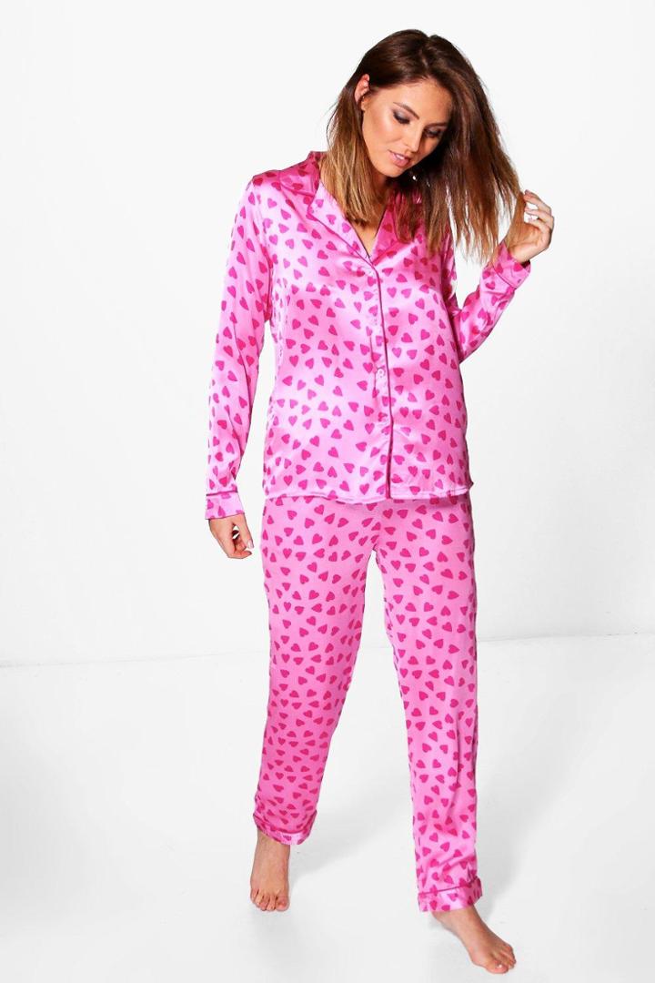 Boohoo Abi Satin Heart Print Long Sleeve Trouser Set Pink