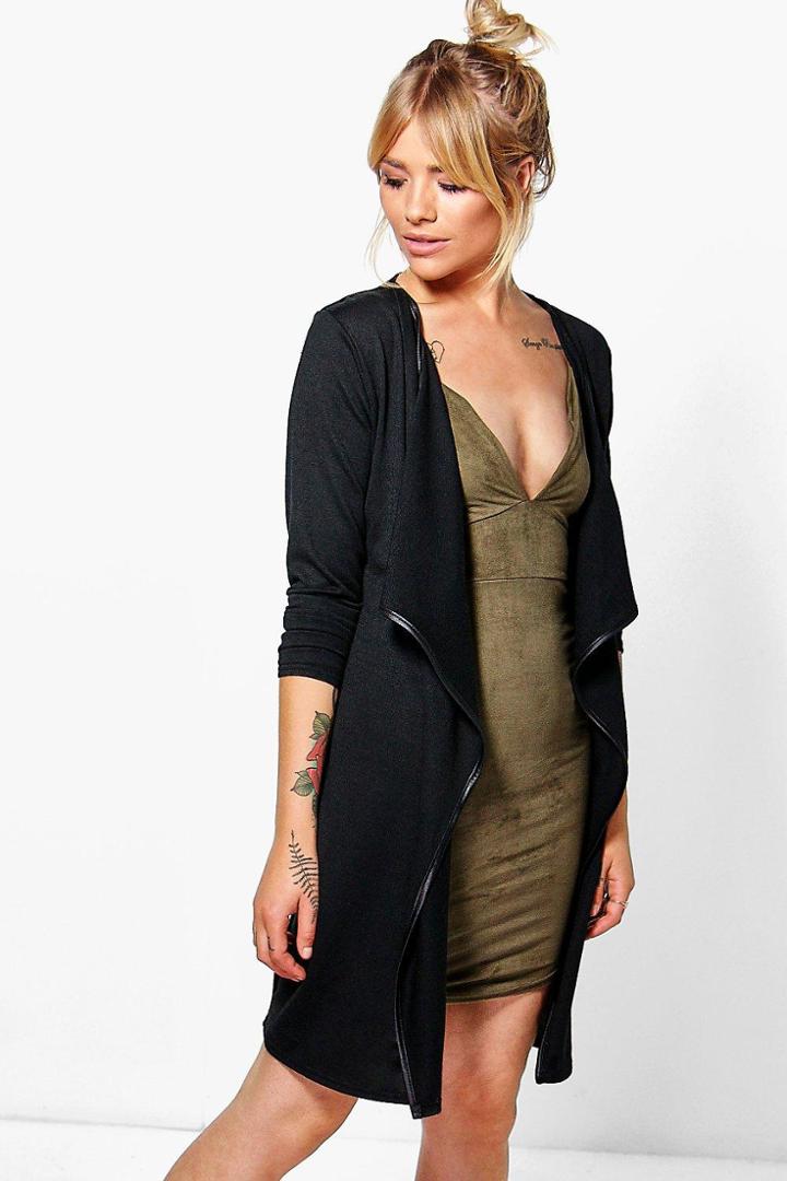 Boohoo Rebecca Pu Trim Waterfall Cardigan Black