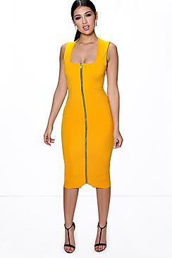 Boohoo Sia Square Neck Zip Front Midi Bodycon Dress