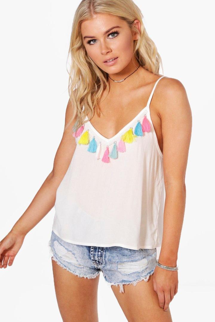 Boohoo Holly Neon Tassel Trim Cami White
