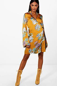 Boohoo Premium Oriental Floral Wrap Kimono Dress