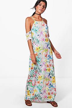 Boohoo Alana Cold Shoulder Floral Maxi Dress