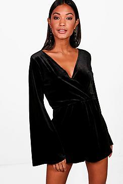 Boohoo Wrap Flared Sleeve Velvet Playsuit