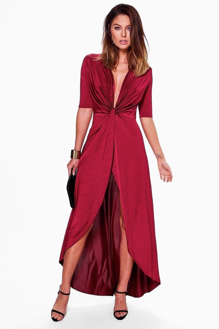 Boohoo Jessa Knot Front Slinky Dip Hem Maxi Dress Berry