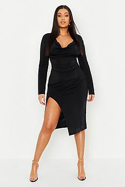 Boohoo Plus Slinky Cowl Neck Ruched Midi Dress