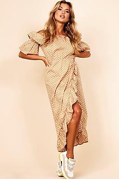 Boohoo Spot Print Off The Shoulder Frill Wrap Dress