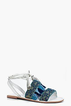 Boohoo Orla Embroidered Wrap Strap Leather Sandal