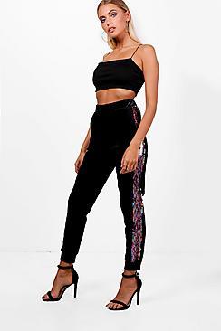 Boohoo Kiera Premium Velvet Sequin Stripe Relaxed Jogger