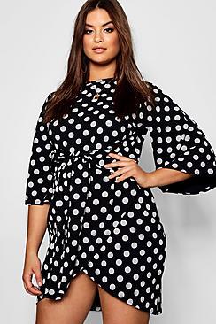 Boohoo Plus Kimono Sleeve Polka Dot Tie Waist Dress