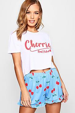Boohoo Petite Melissa Cherries Slogan Pj Short Set