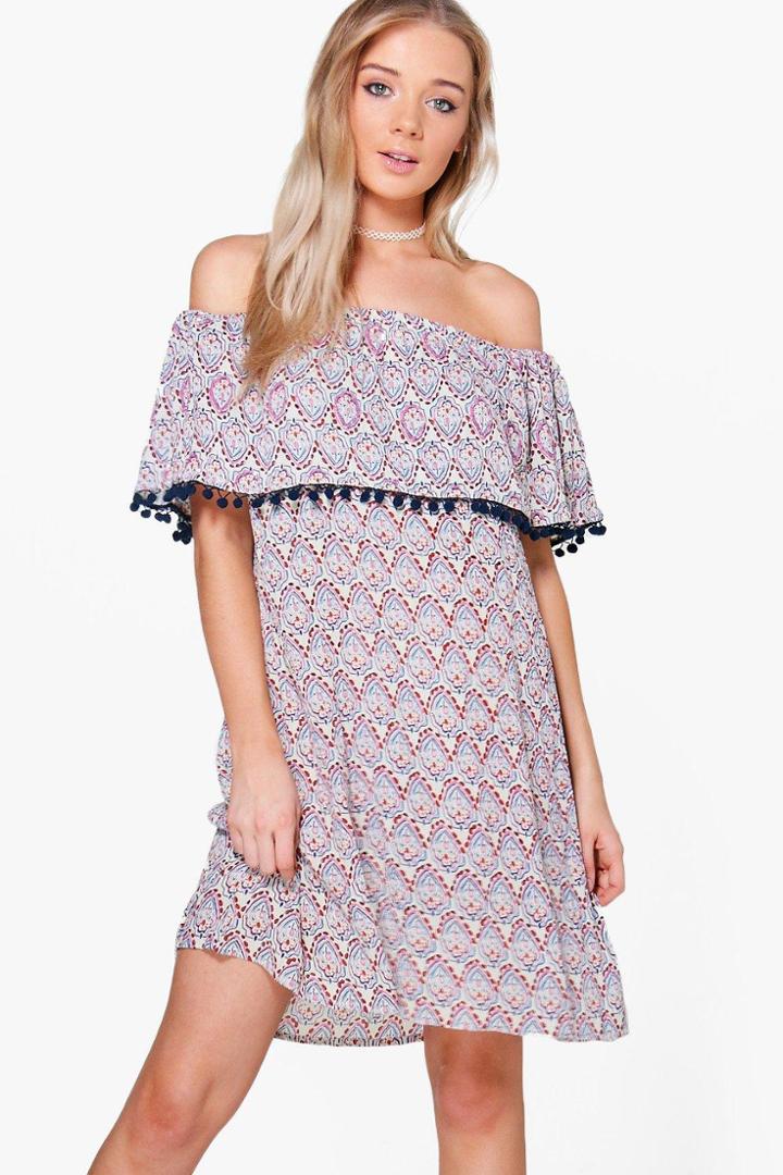 Boohoo Harriet Pom Pom Sequin Off Shoulder Dress Multi