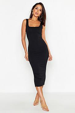 Boohoo Ribbed Longline Square Neck Midi Dress