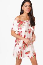 Boohoo Rose Pleat Floral Off Shoulder Double Layer Swing Dress Ivory