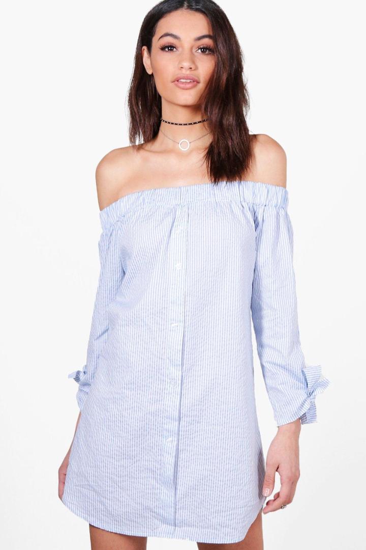 Boohoo Heather Off Shoulder Tie Sleeve Shift Dress Blue