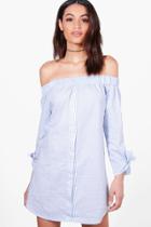 Boohoo Heather Off Shoulder Tie Sleeve Shift Dress Blue
