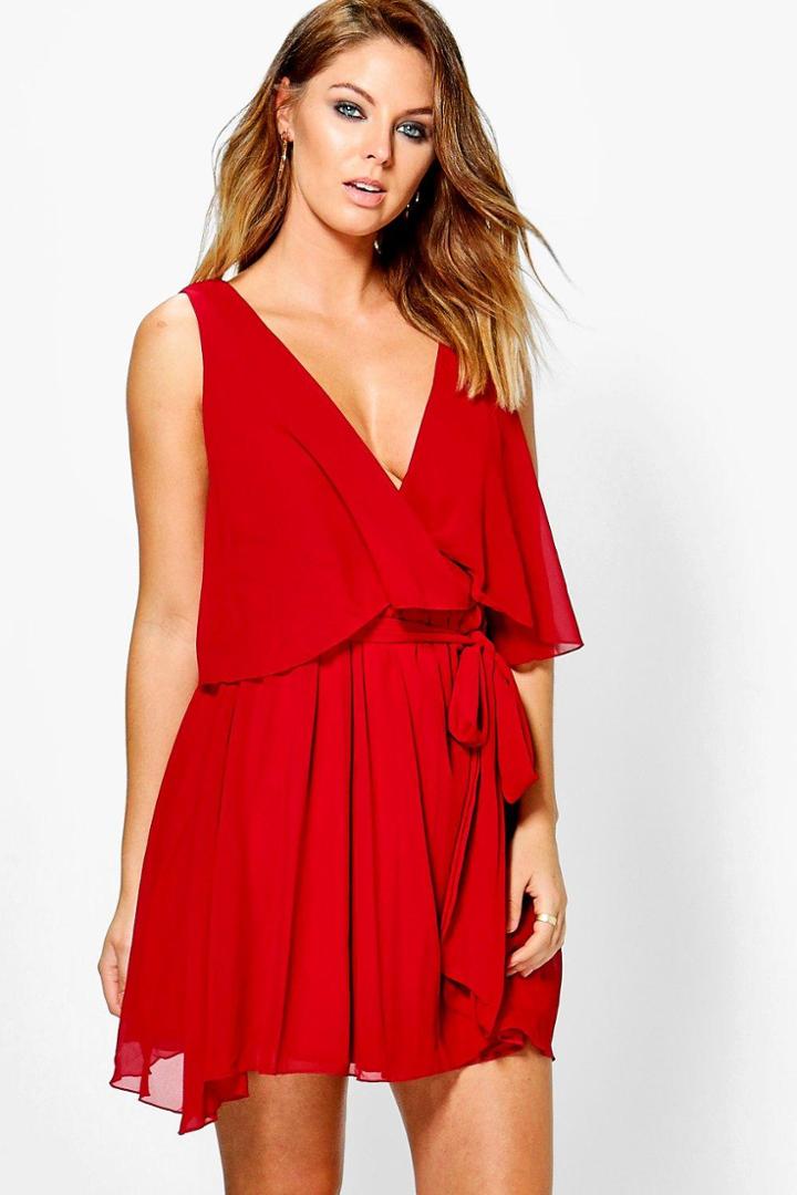 Boohoo Callie Chiffon Double Layer Skater Dress Berry