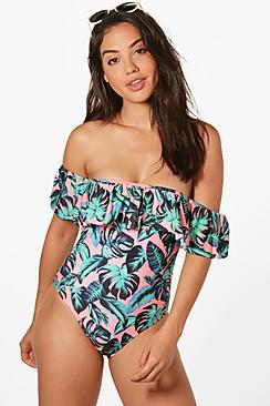 Boohoo Gran Canaria Leaf Bardot Frill Swimsuit