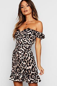 Boohoo Animal Satin Lace Trim Mini Dress