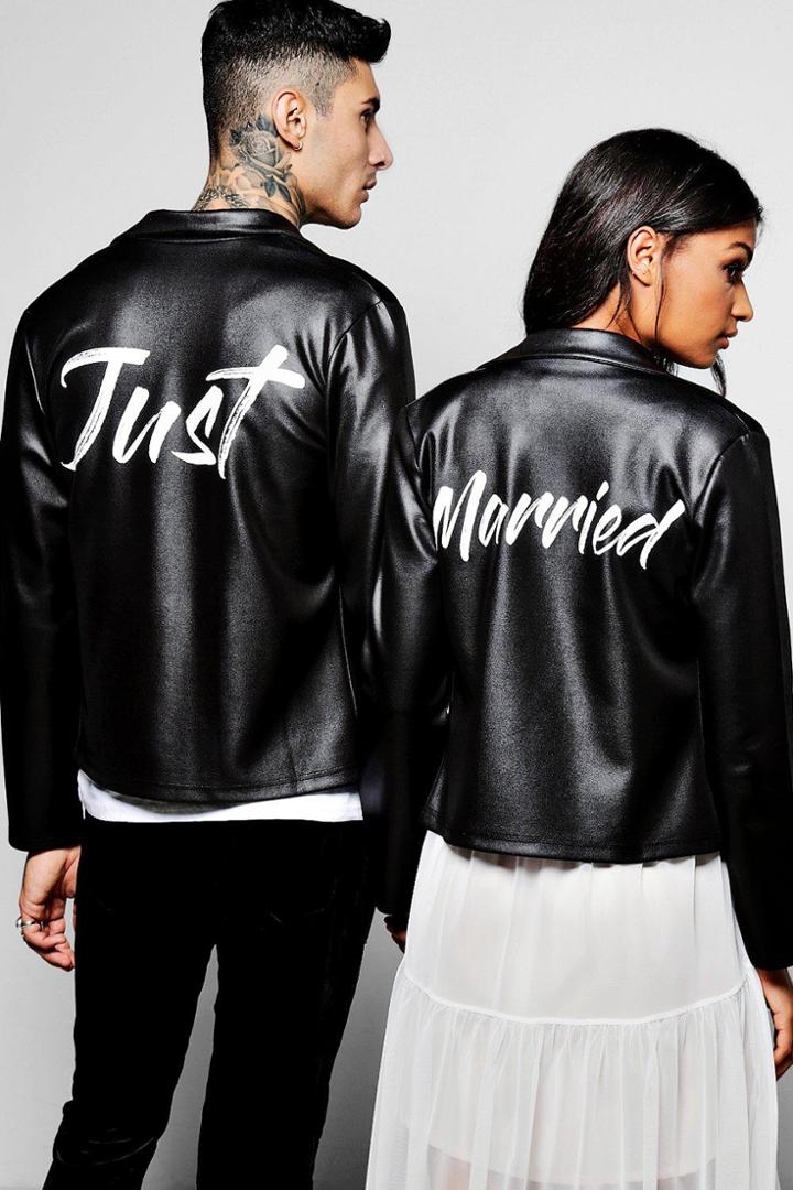 Boohoo Just Married His & Hers Scuba Biker Jacket Black