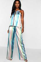 Boohoo Satin Stripe Tie Front Top + Trouser