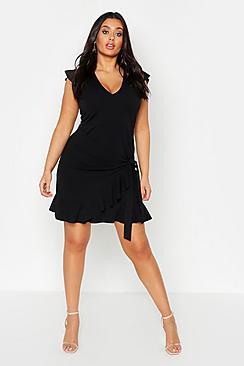 Boohoo Plus Ruffle Shoulder Wrap Skater Dress