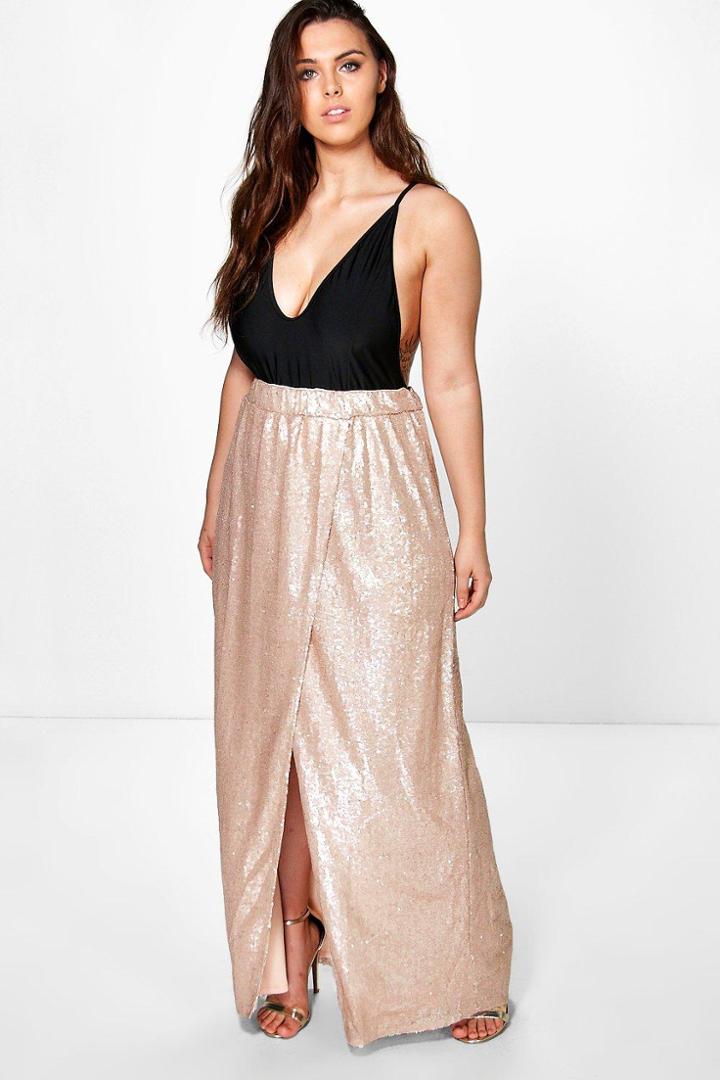 Boohoo Plus Isabella Wrap Sequin Maxi Skirt Nude