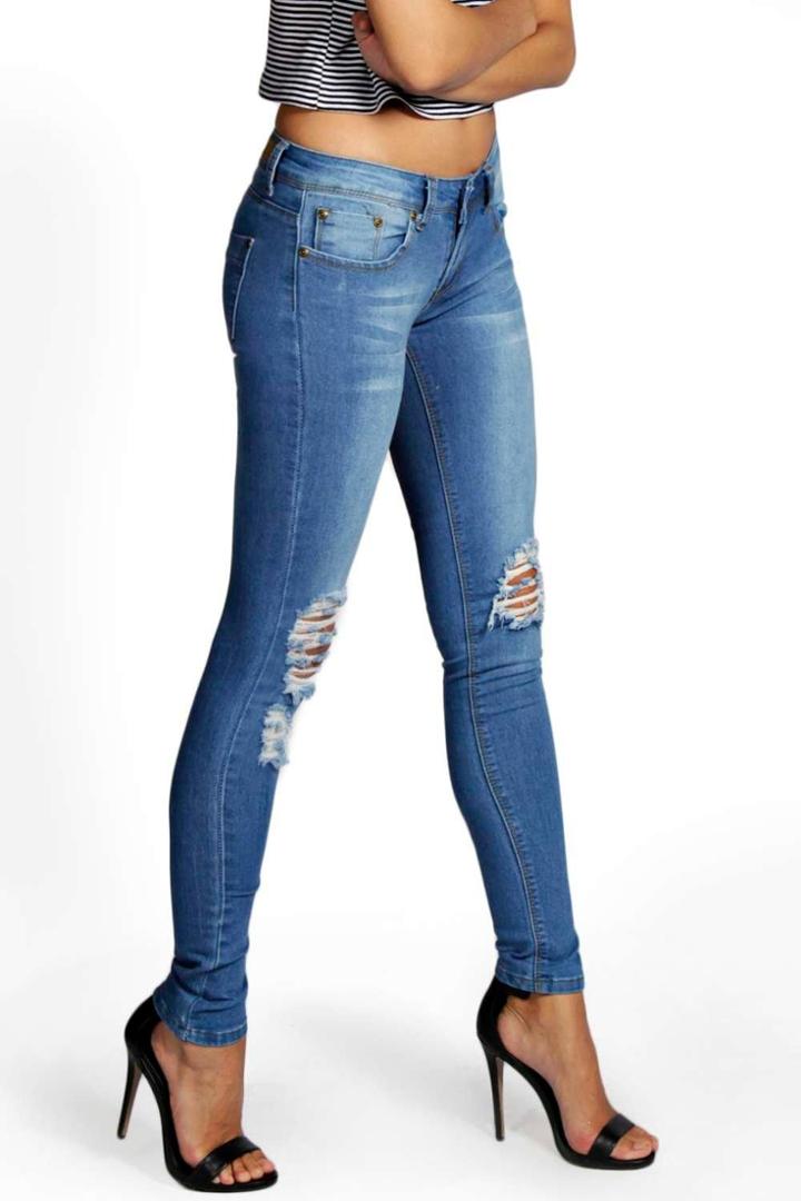 Boohoo Laura Distressed Rip Knee Skinny Jeans Blue