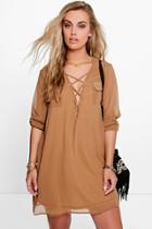 Boohoo Plus Maya Lace Up Utility Dress Mocha