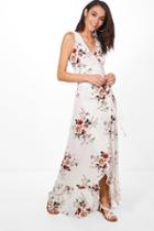 Boohoo Akira Floral Wrap Ruffle Hem Maxi Dress White