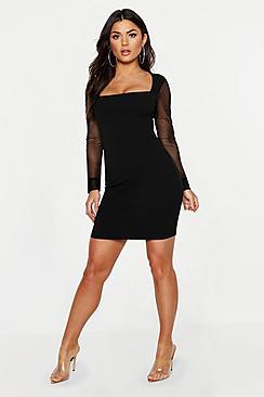 Boohoo Mesh Sleeve Contrast Bodycon Dress