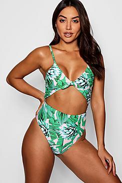 Boohoo Cuba Tropical Floral Cut Out Tie Swimsuit