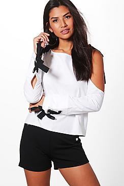Boohoo Maisie Tie Cold Shoulder Lace Up Cuff Blouse