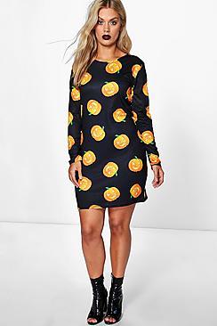Boohoo Plus Esme Pumpkin Print Halloween Bodycon Dress