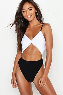 Boohoo Petite Mono High Leg Knot Front Swimsuit