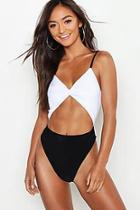 Boohoo Petite Mono High Leg Knot Front Swimsuit
