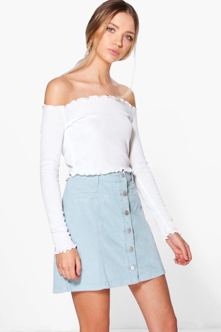 Boohoo Martha A-line Button Through Cord Skirt Blue