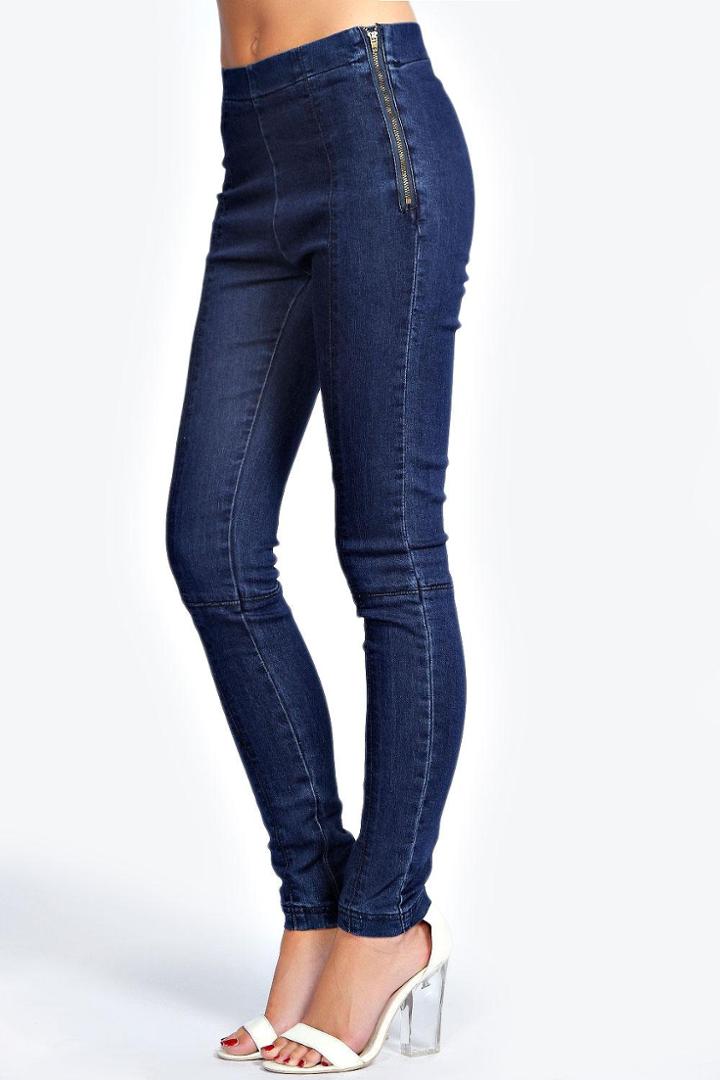 Boohoo Lara High Waist Skinny Tube Pant With Side Zips - Indigo