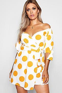 Boohoo Plus Polka Dot Off Shoulder Shift Dress