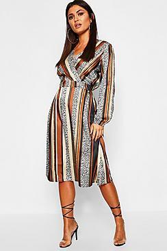 Boohoo Leopard Stripe Button Front Midi Dress
